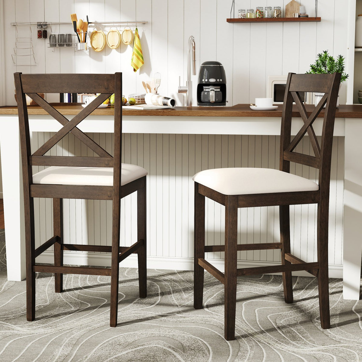 Set of 2 X-Back Bar Stools with Upholstered Cushioned Seats-Brown view 3