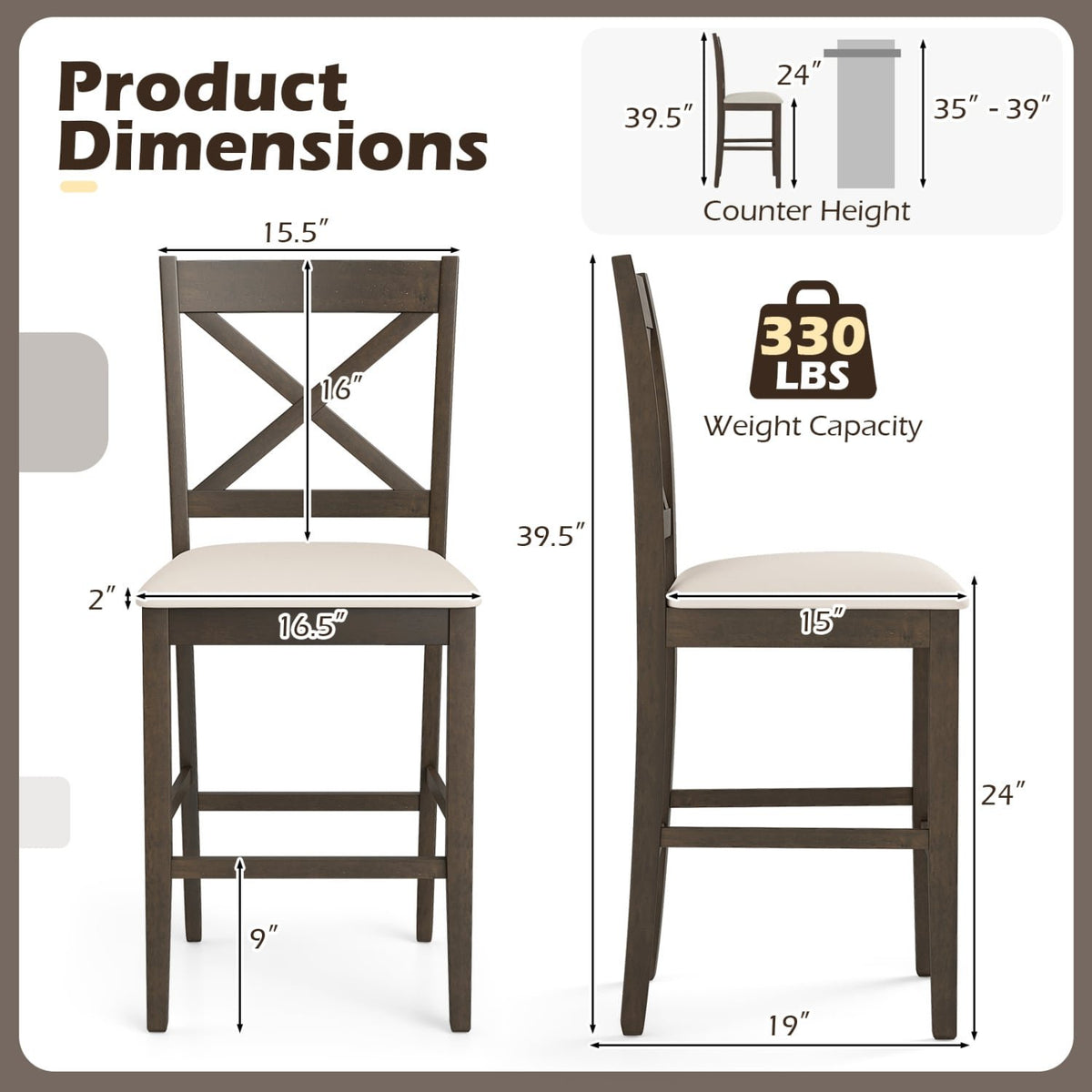 Set of 2 X-Back Bar Stools with Upholstered Cushioned Seats-Brown view 4