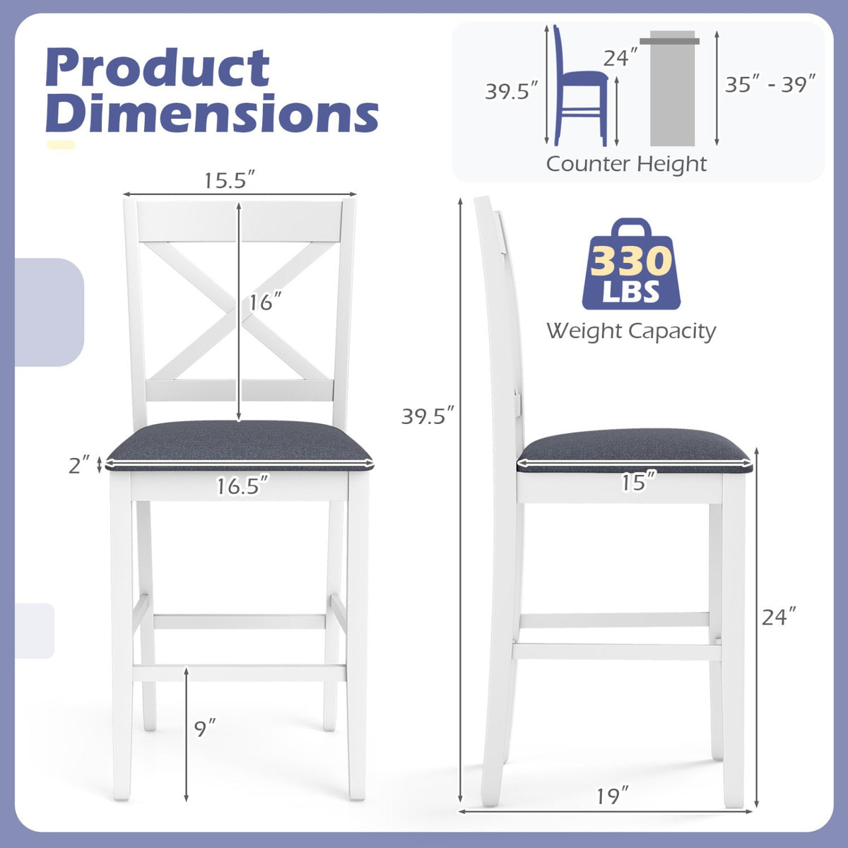 Set of 2 X-Back Bar Stools with Upholstered Cushioned Seats-White view 4