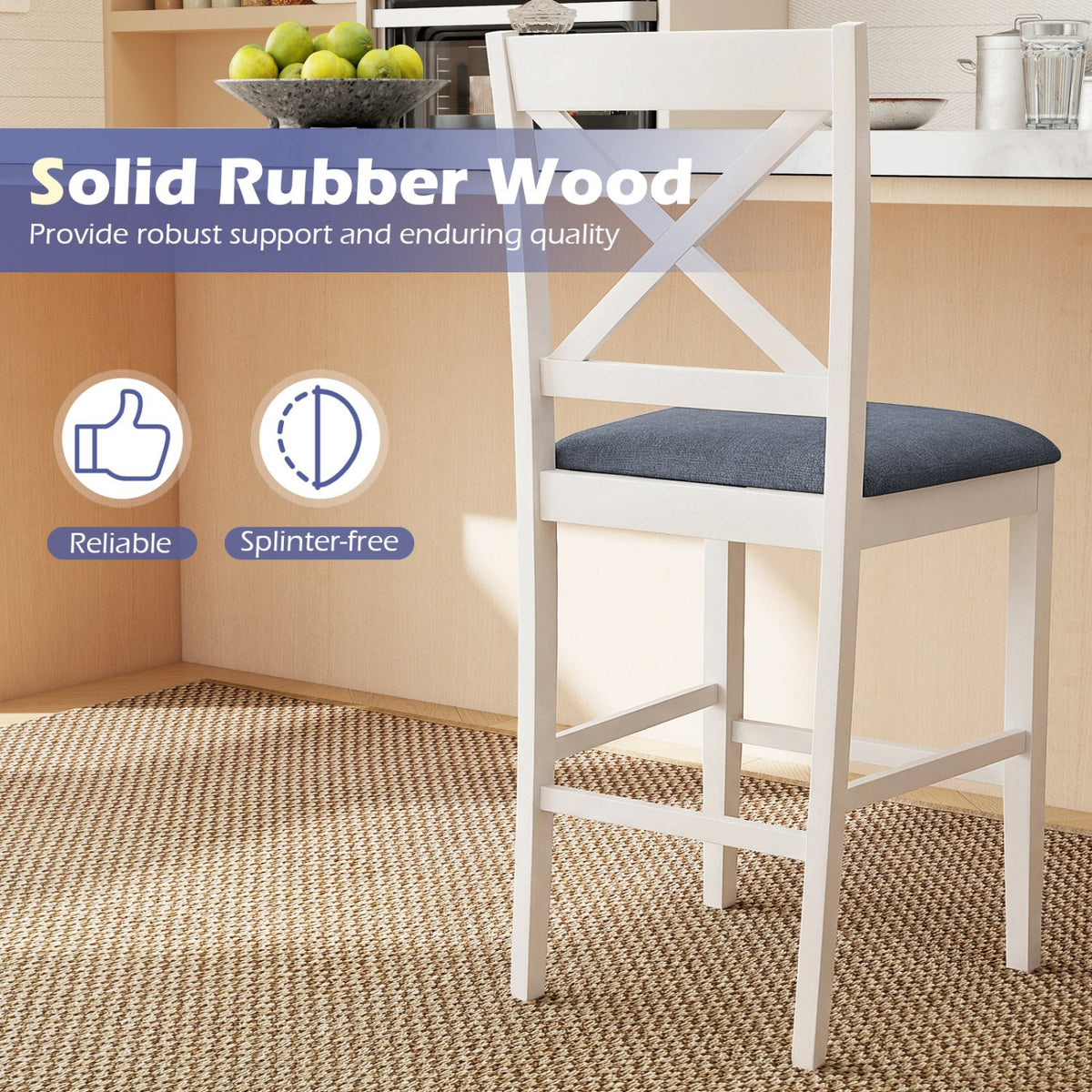 Set of 2 X-Back Bar Stools with Upholstered Cushioned Seats-White view 9
