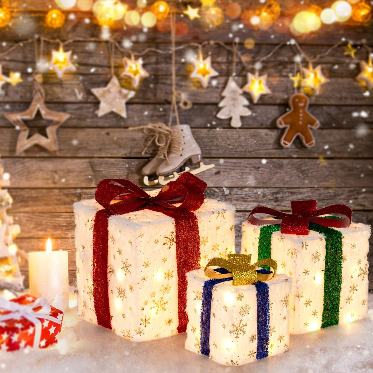 Set of 3 Christmas Lighted Gift Boxes with 48 Bright Warm Lights view 2