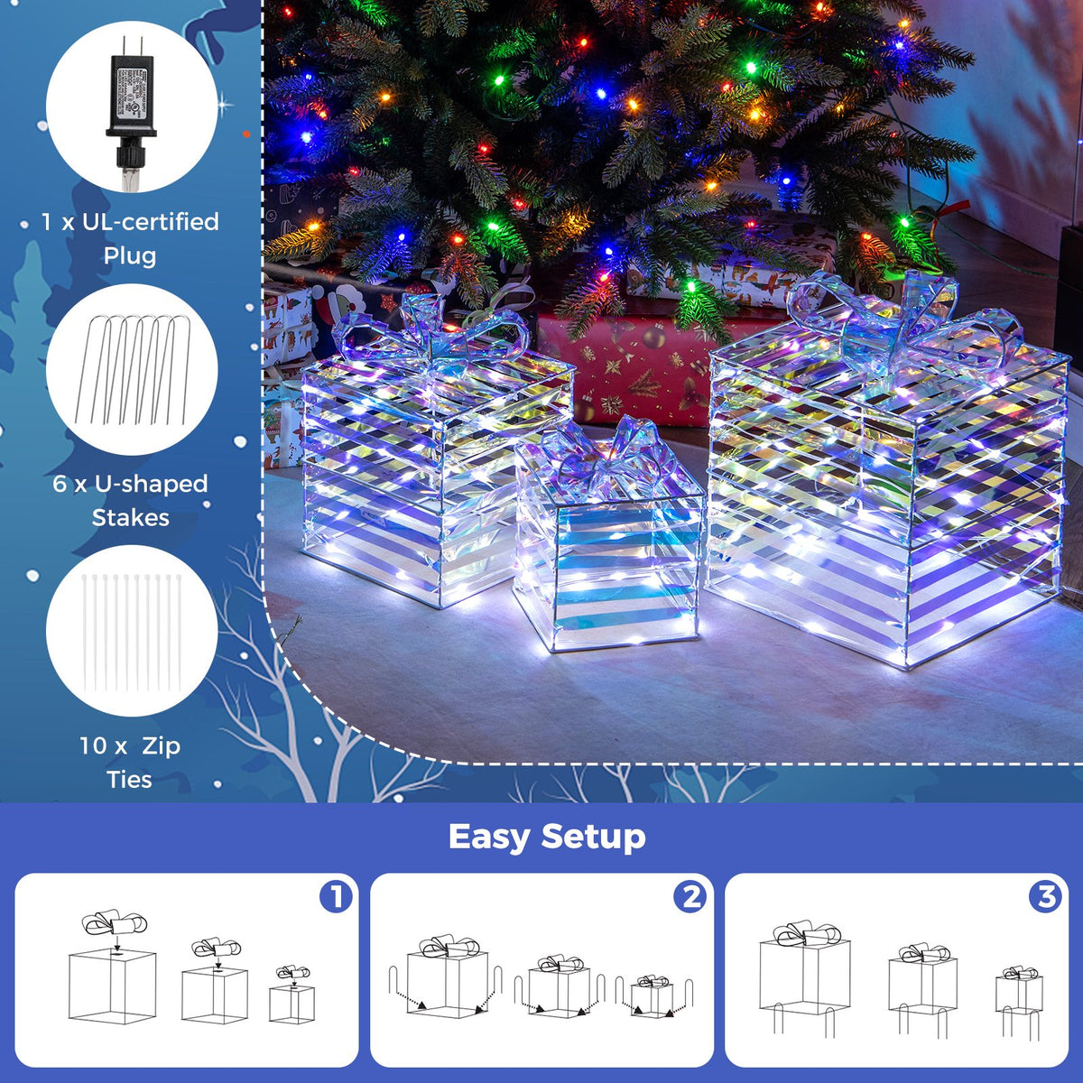 Set of 3 Christmas Lighted Gift Boxes with Bows and Plug view 8
