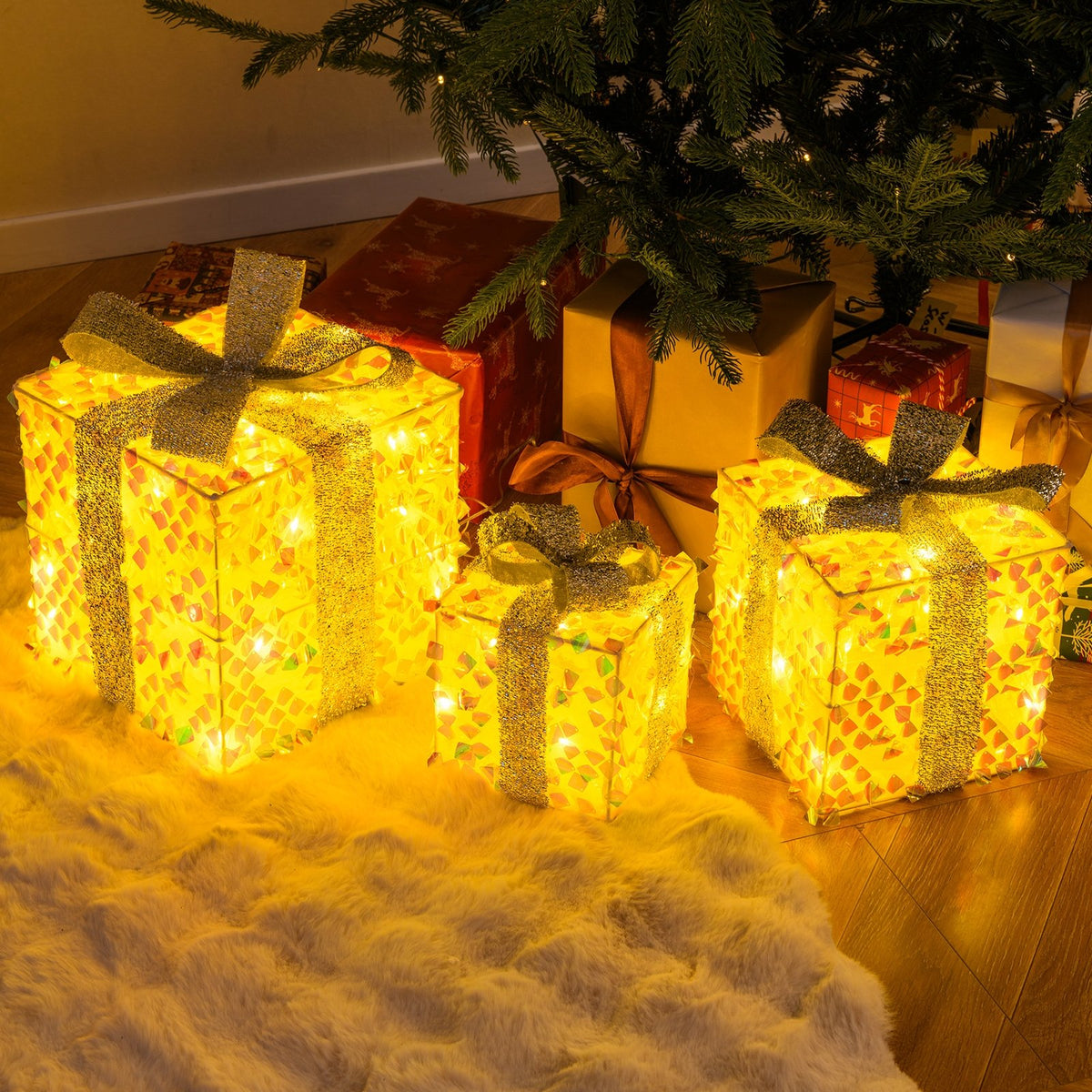 Set of 3 Christmas Lighted Gift Boxes with Pre-lit 90 LED Light and Bows view 2