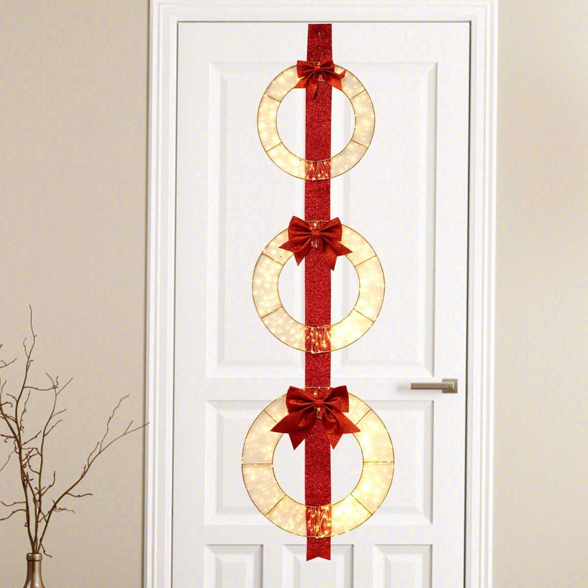 Set of 3 Christmas Lighted Wreaths with Warm White LED Lights and Bows view 5