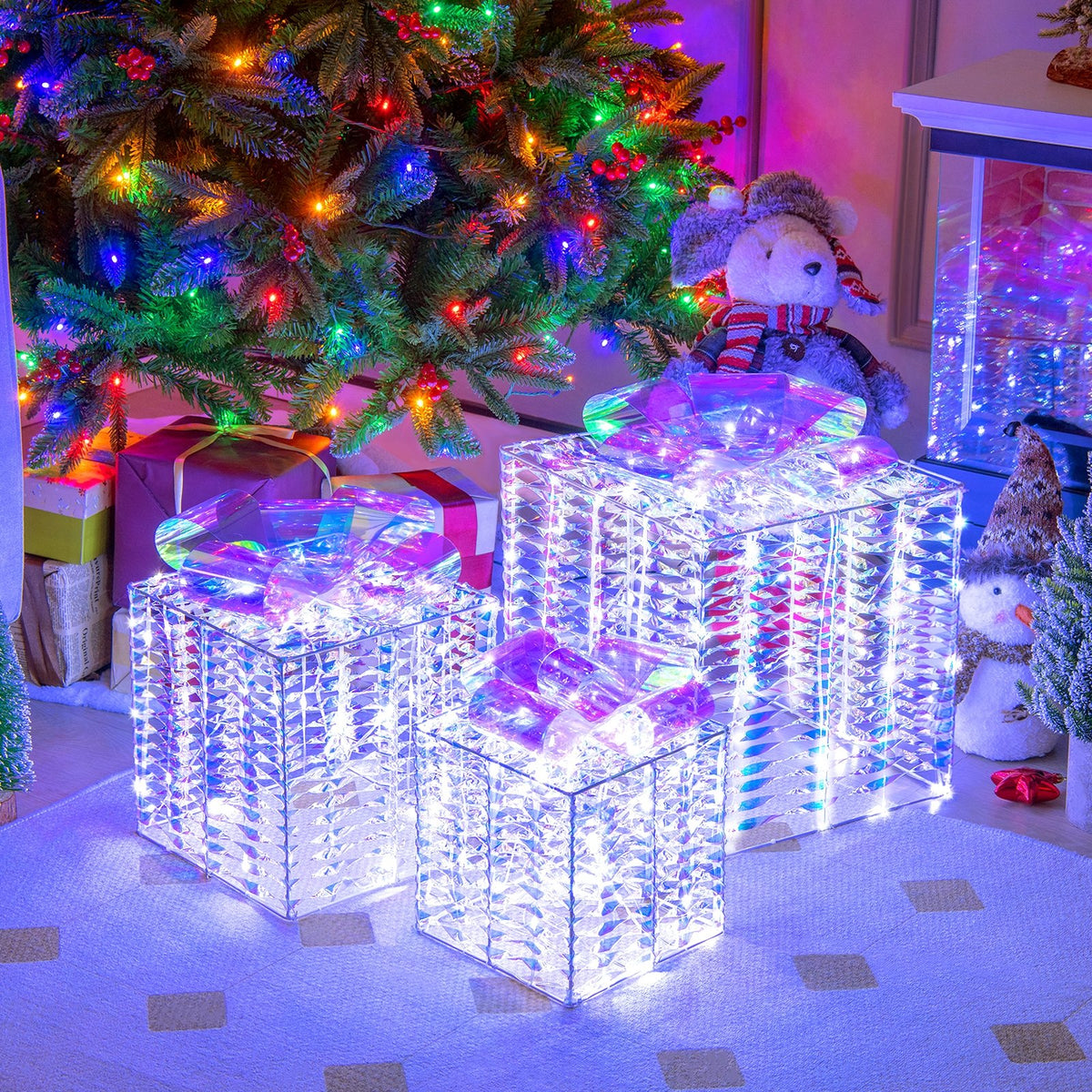 Set of 3 Iridescent Christmas Gift Box with Iridescent Bows view 2
