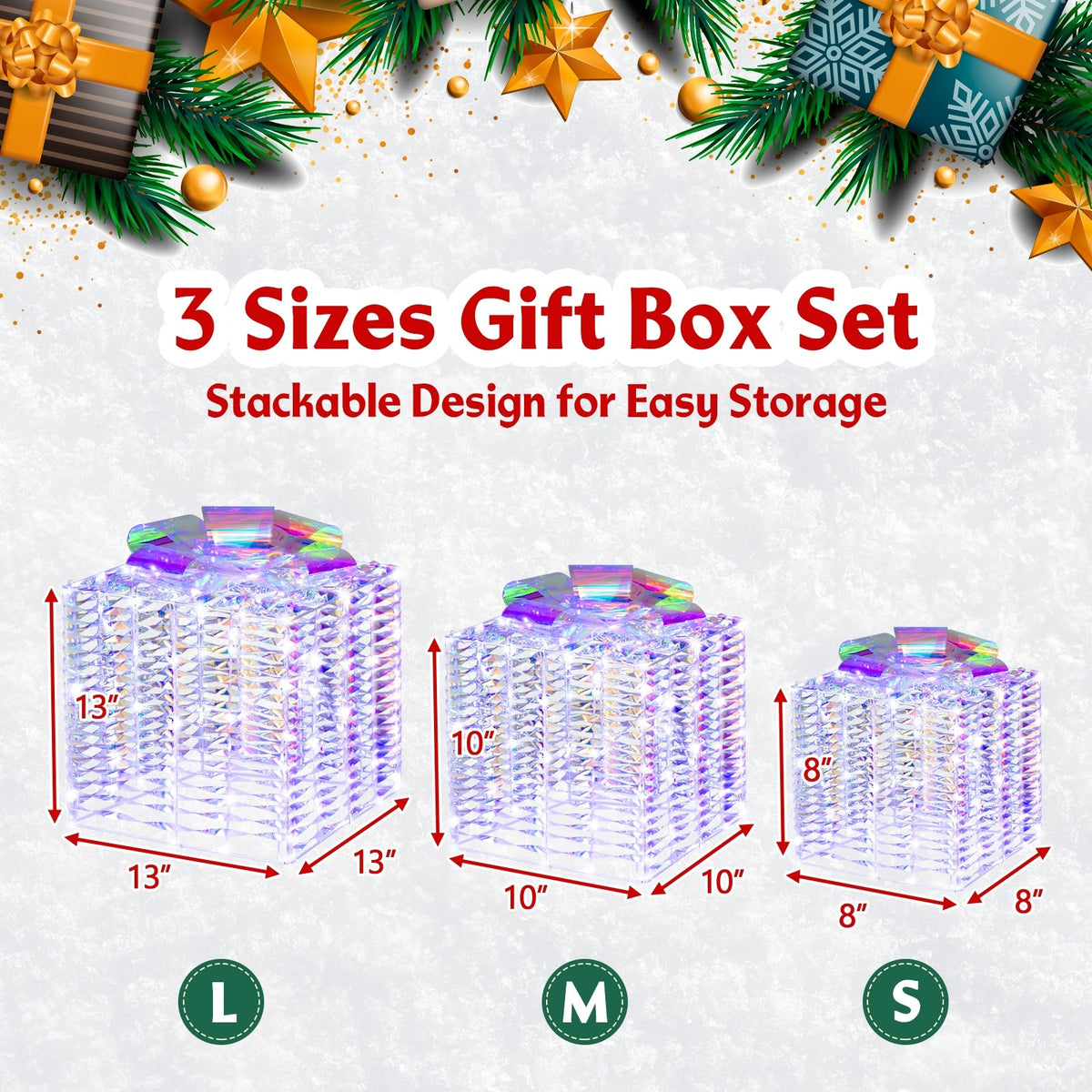 Set of 3 Iridescent Christmas Gift Box with Iridescent Bows view 4