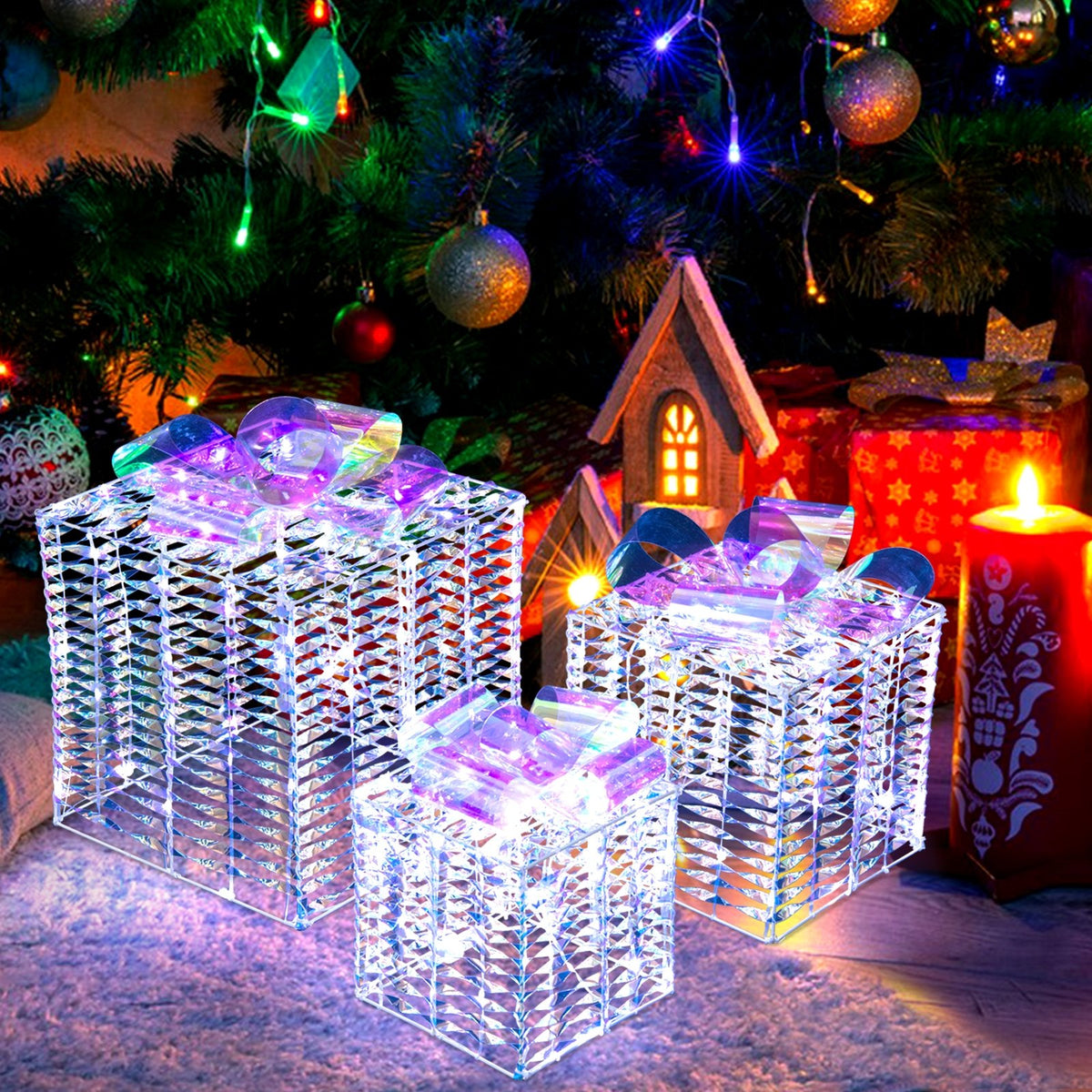 Set of 3 Iridescent Christmas Gift Box with Iridescent Bows view 5