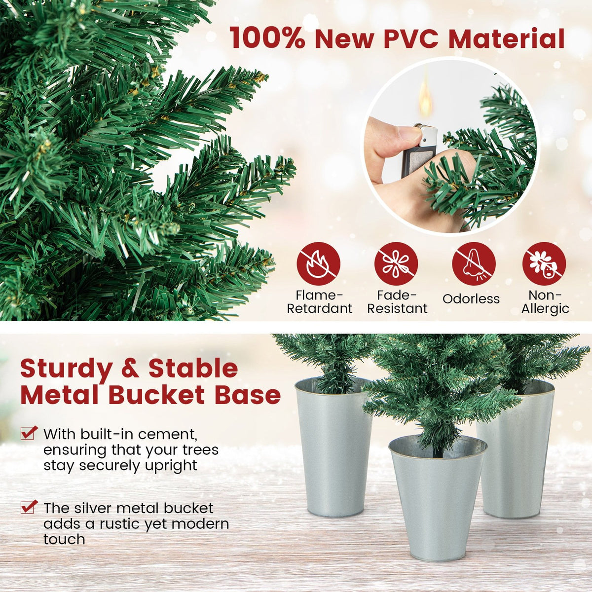 Set of 3 Potted Artificial Christmas Tree with Silver Metal Buckets view 7