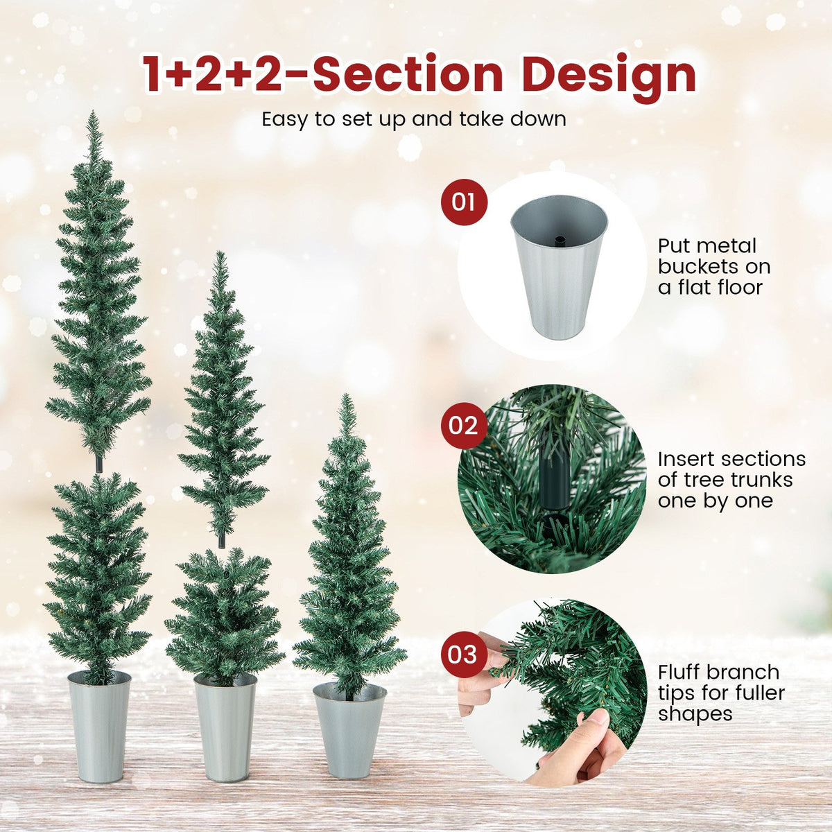 Set of 3 Potted Artificial Christmas Tree with Silver Metal Buckets view 9
