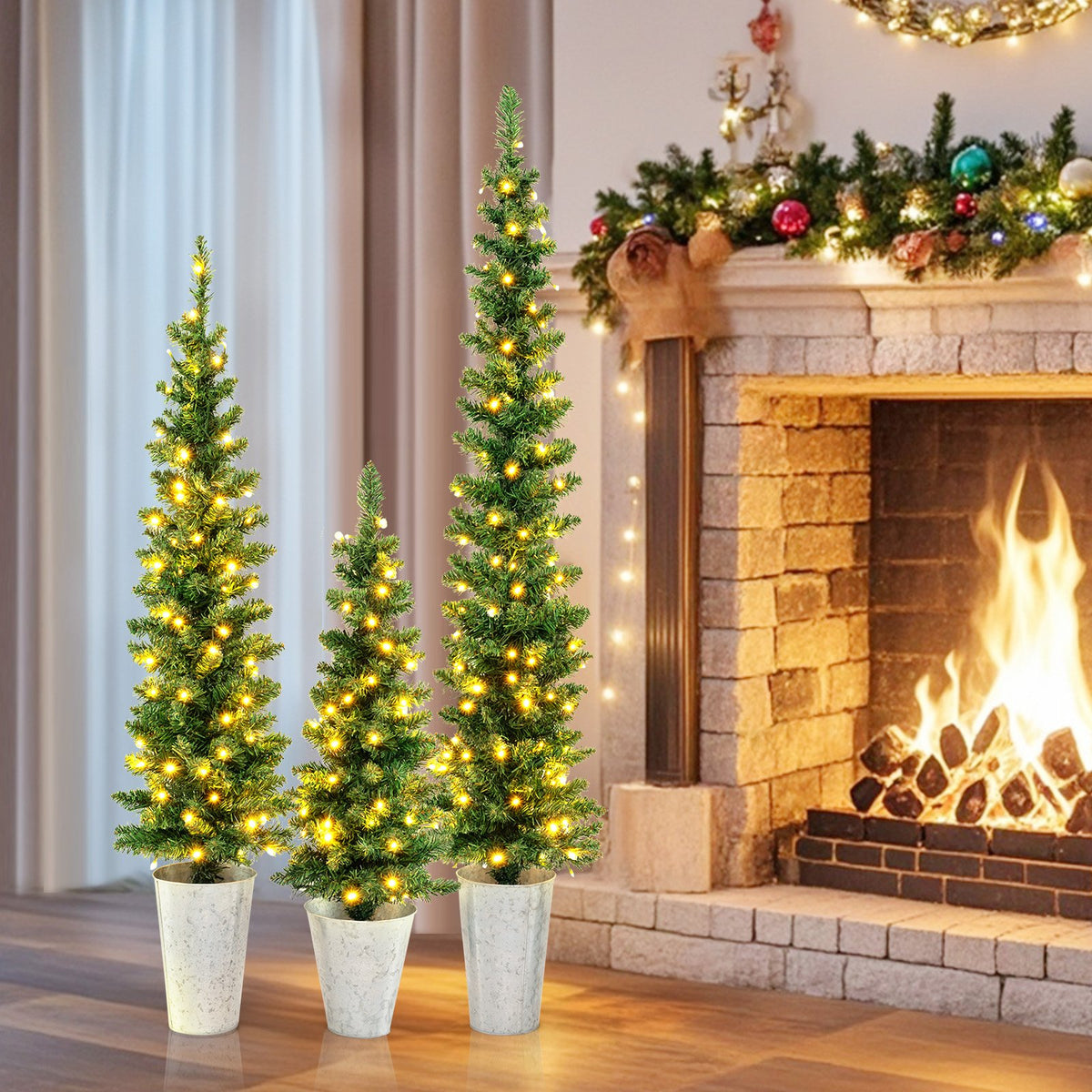Set of 3 Pre-Lit Artificial Christmas Trees with 230 Warm White LED Lights view 2