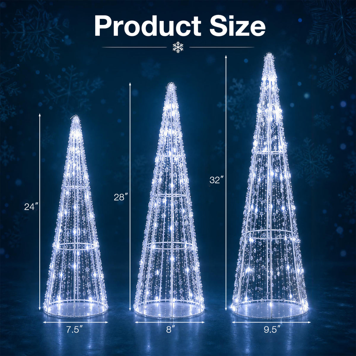 Set of 3 Pre-lit Christmas Cone Trees with Star Strings for Christmas-Cold White view 4