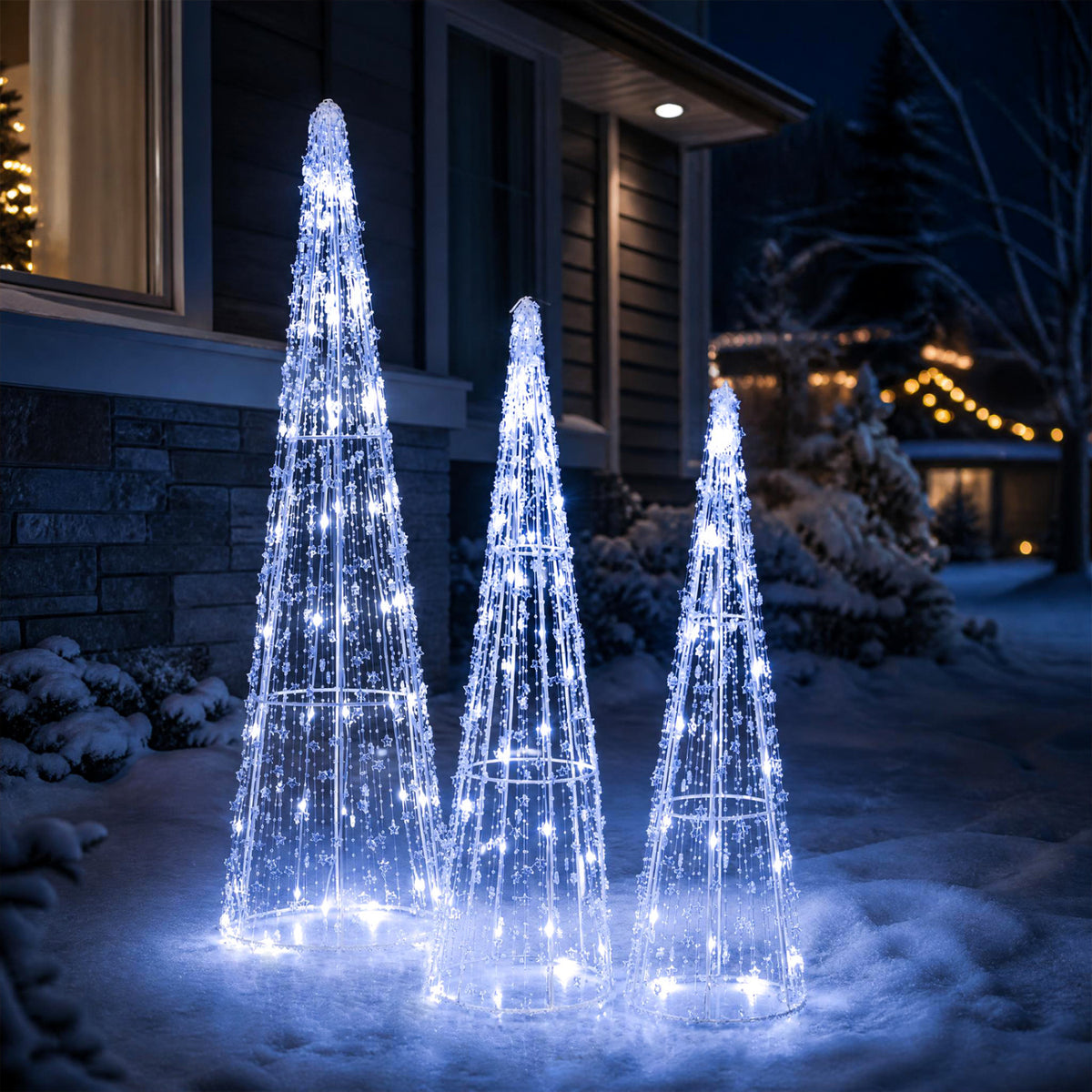 Set of 3 Pre-lit Christmas Cone Trees with Star Strings for Christmas-Cold White view 5