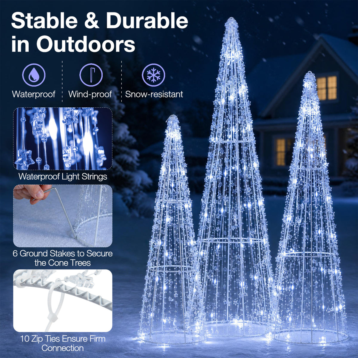 Set of 3 Pre-lit Christmas Cone Trees with Star Strings for Christmas-Cold White view 6