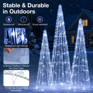 Set of 3 Pre-lit Christmas Cone Trees with Star Strings for Christmas-Cold White view 6