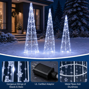 Set of 3 Pre-lit Christmas Cone Trees with Star Strings for Christmas-Cold White view 8