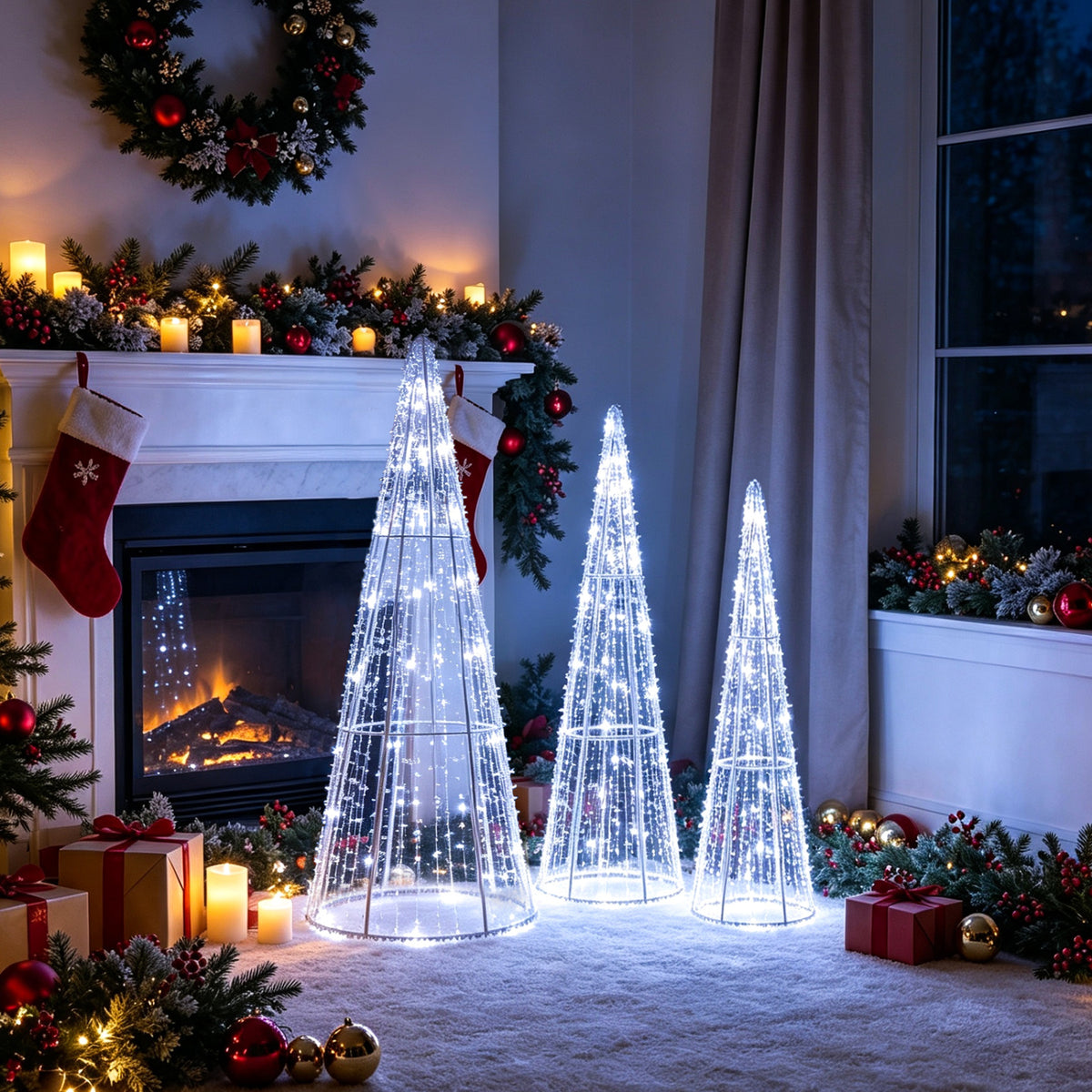 Set of 3 Pre-lit Christmas Cone Trees with Star Strings for Christmas-Cold White view 9