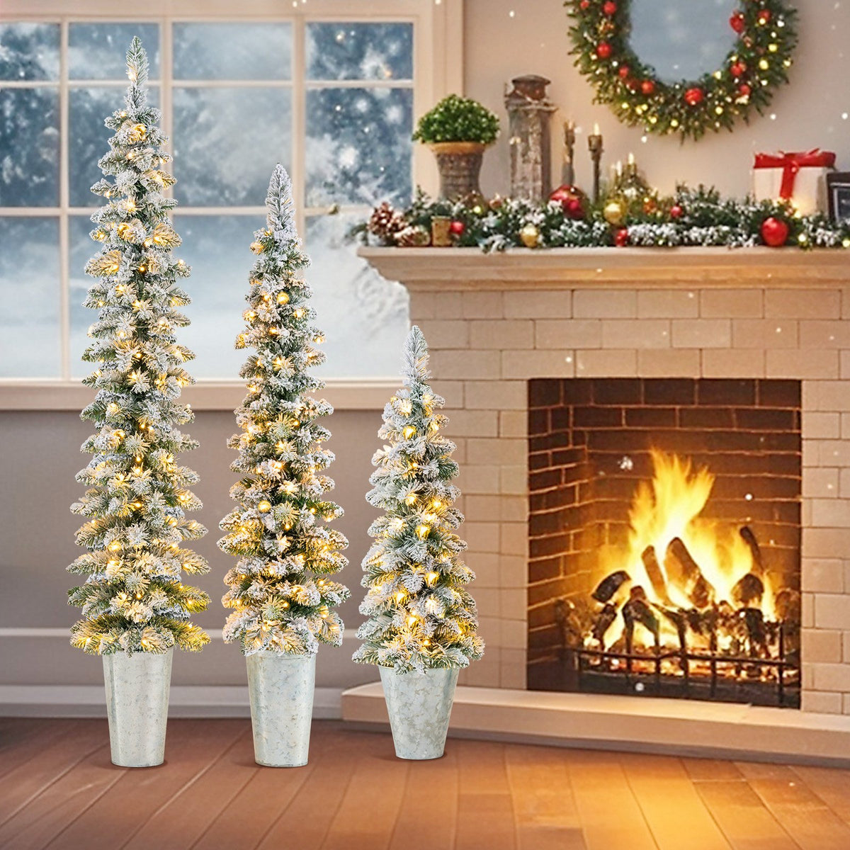 Set of 3 Pre-Lit Snow Flocked Artificial Christmas Trees witrh 423 Branch Tips view 2