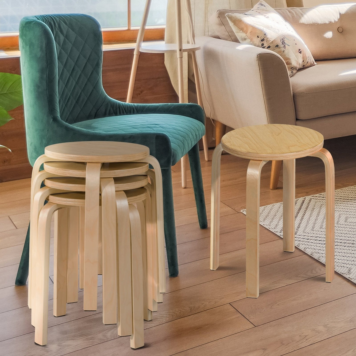 Set of 4 18 Inch Wood Home Backless Dining Chairs view 2