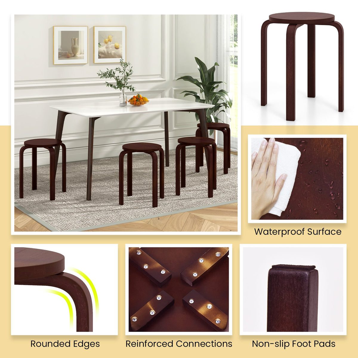 Set of 4 18 Inch Stackable Bentwood Dining Chairs with Round Top-Dark Brown view 7