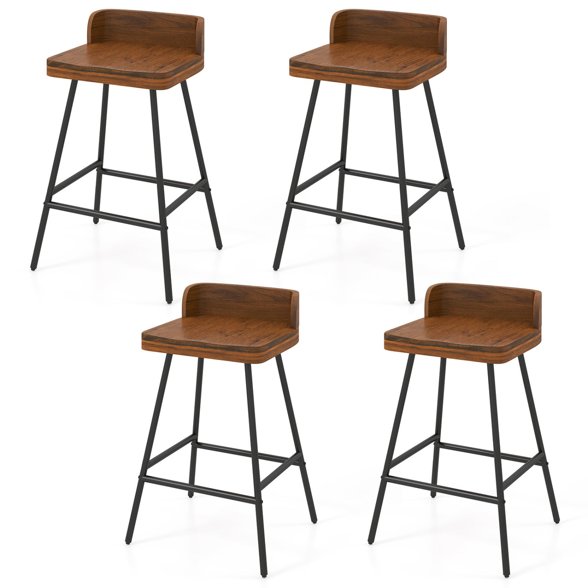 Set of 4 24 inches Industrial Rubber Wood Bar Stool with Low Back Metal Legs and Footrest