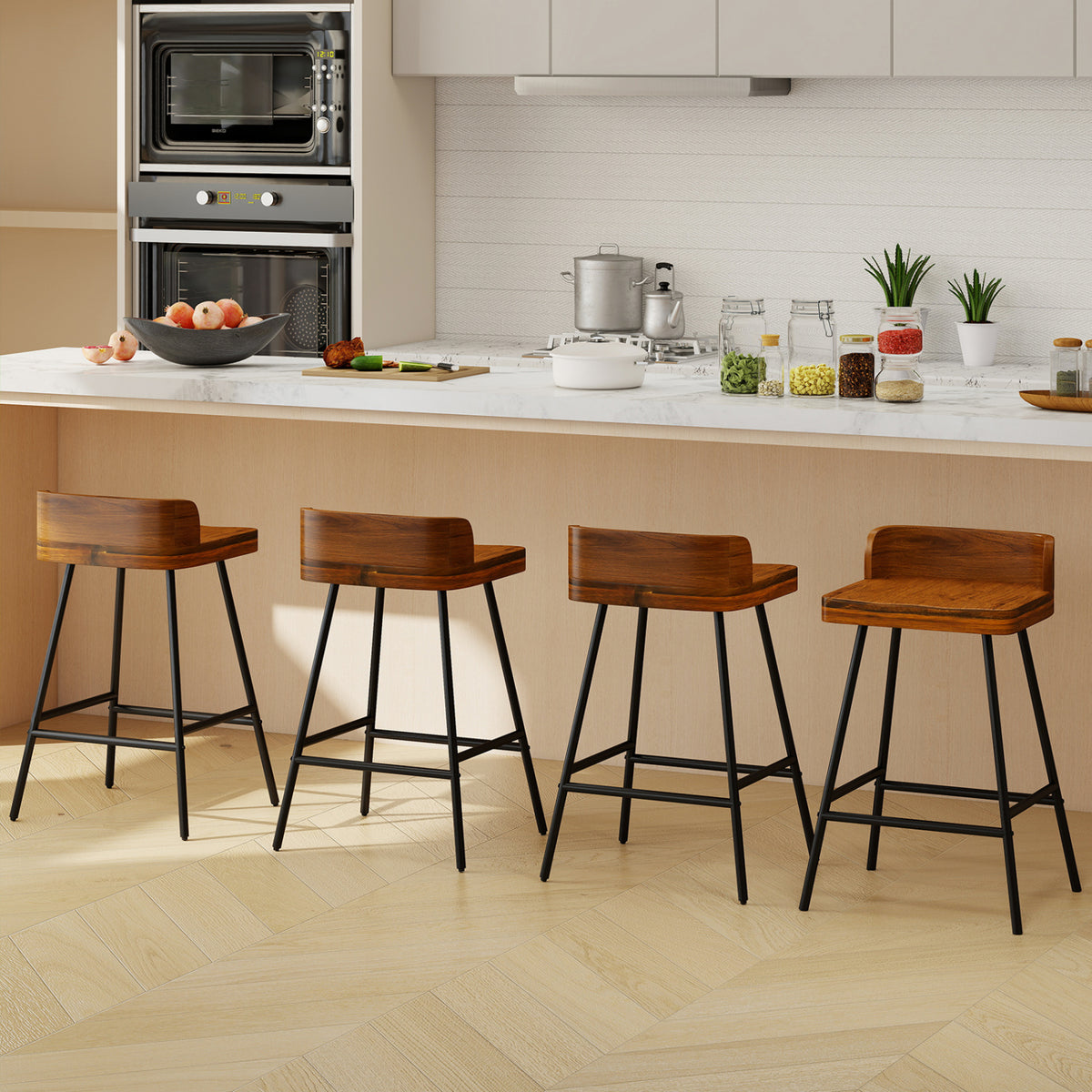 Set of 4 24 inches Industrial Rubber Wood Bar Stool with Low Back Metal Legs and Footrest view 2