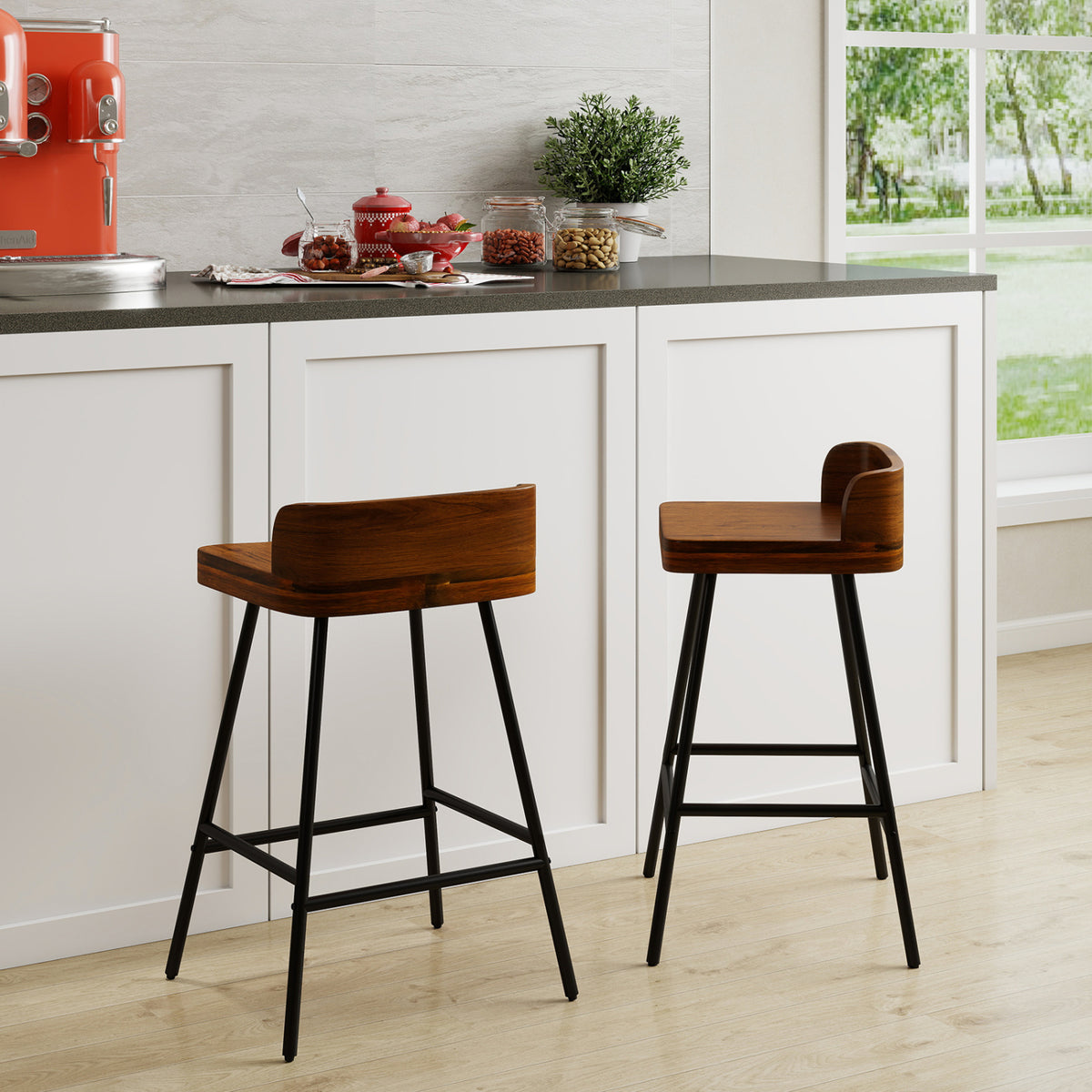 Set of 4 24 inches Industrial Rubber Wood Bar Stool with Low Back Metal Legs and Footrest view 5
