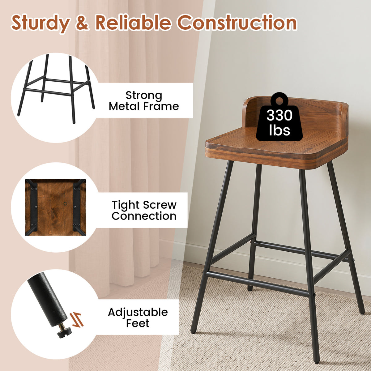 Set of 4 24 inches Industrial Rubber Wood Bar Stool with Low Back Metal Legs and Footrest view 8