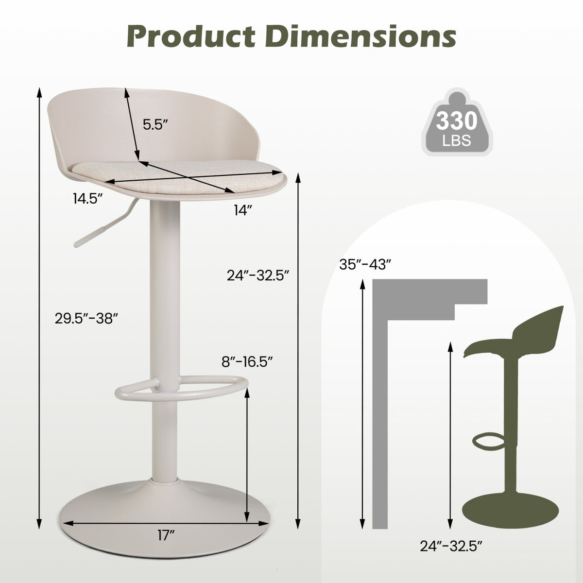 Set of 4 Adjustable Swivel Bar Stools w/ Back & Footrest 330 LBS for Dining-Cream view 3
