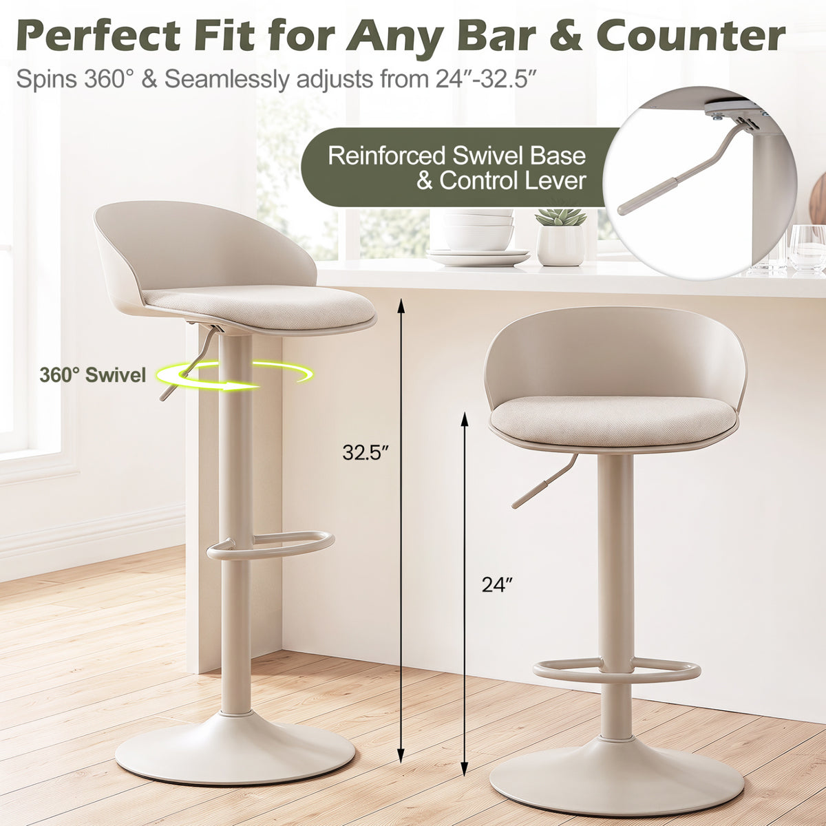 Set of 4 Adjustable Swivel Bar Stools w/ Back & Footrest 330 LBS for Dining-Cream view 4