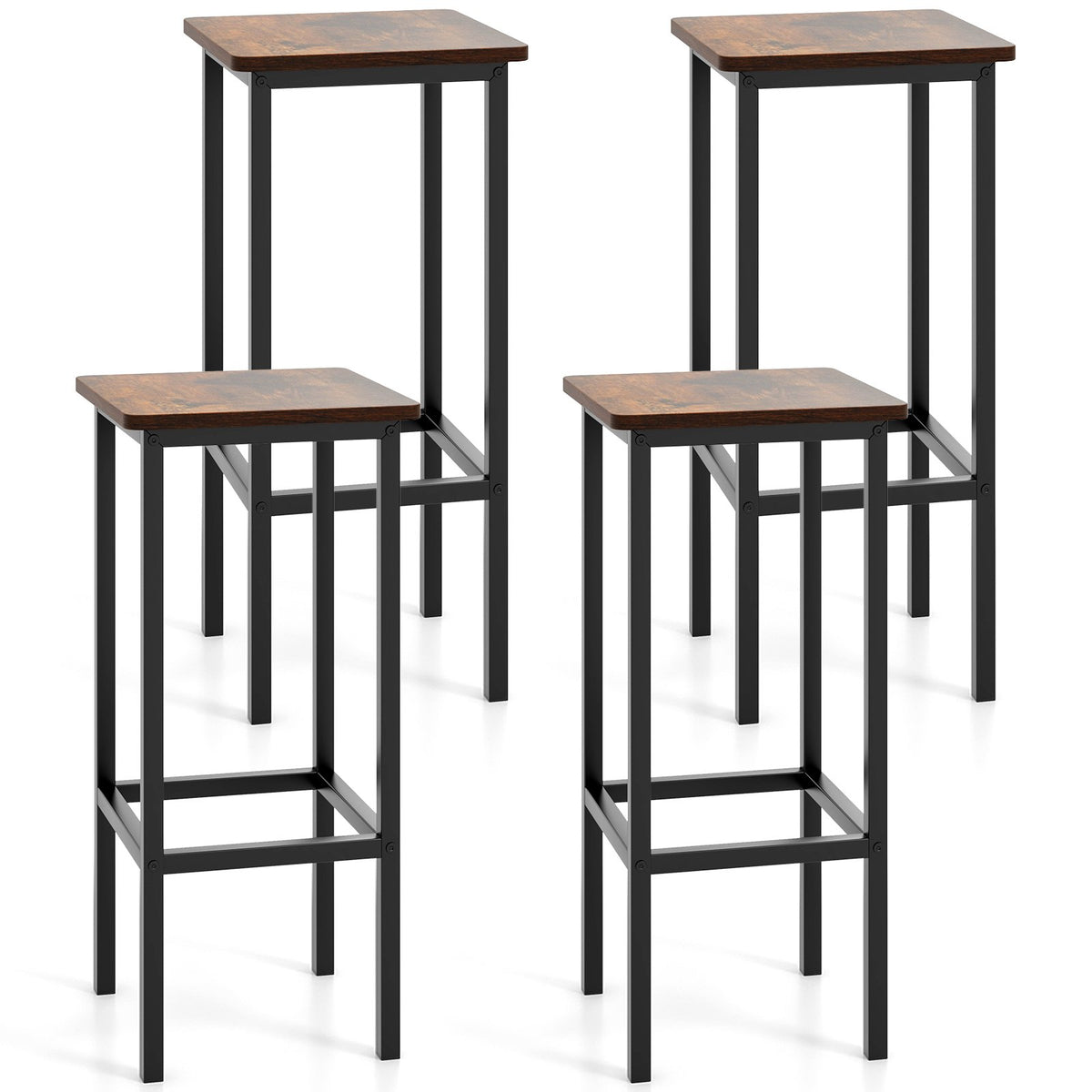 Set of 4 Bar Stool Set 26 Inch Bar Chair with Metal Legs and Footrest-Rustic Brown