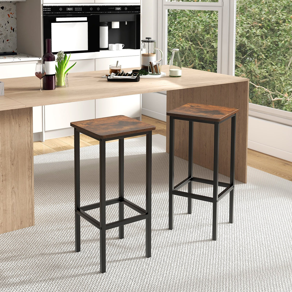 Set of 4 Bar Stool Set 26 Inch Bar Chair with Metal Legs and Footrest-Rustic Brown view 3