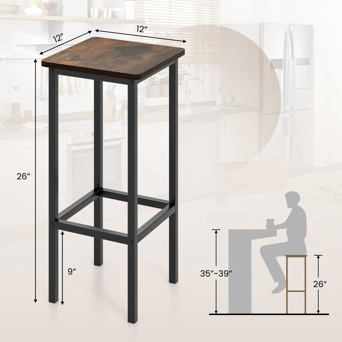 Set of 4 Bar Stool Set 26 Inch Bar Chair with Metal Legs and Footrest-Rustic Brown view 5