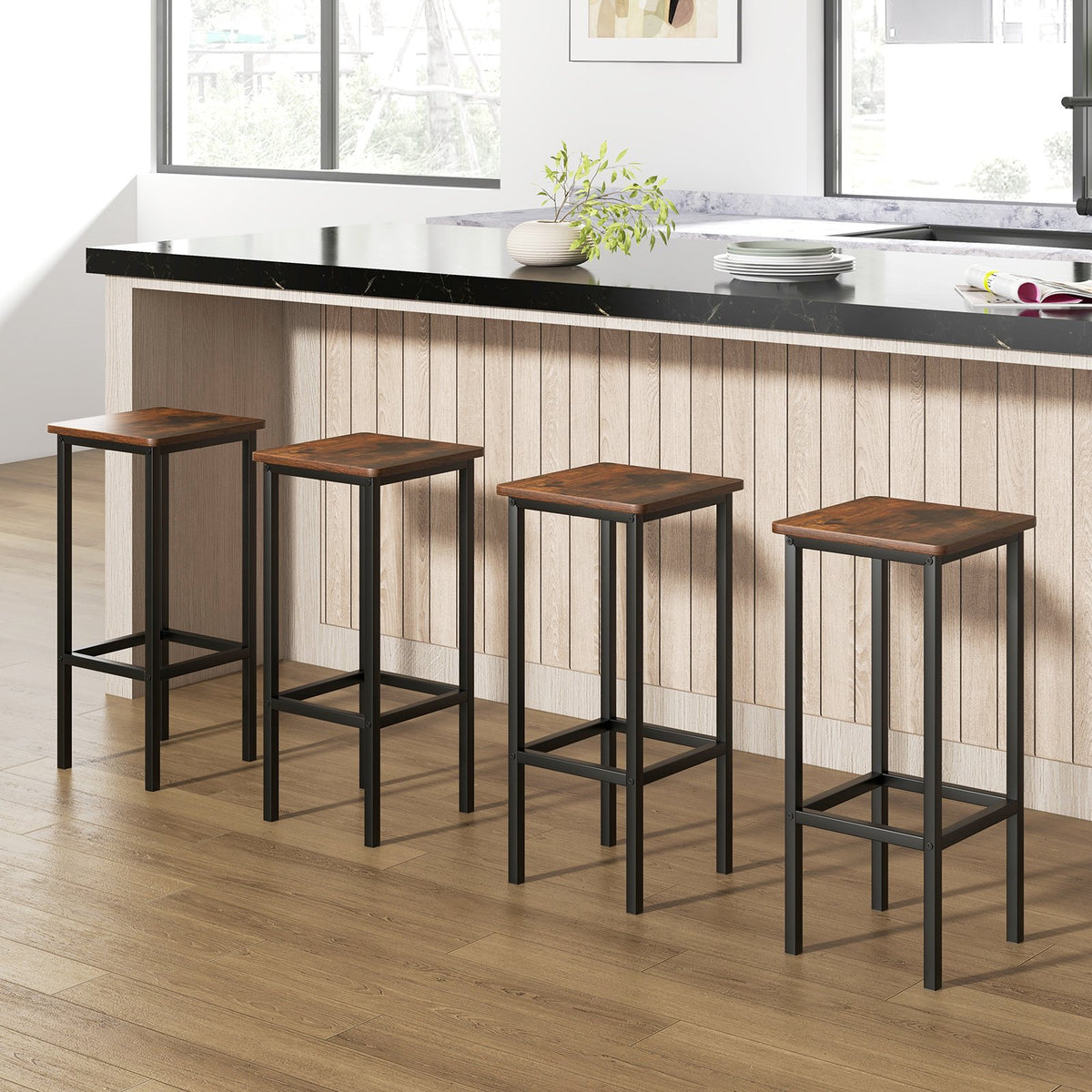 Set of 4 Bar Stool Set 26 Inch Bar Chair with Metal Legs and Footrest-Rustic Brown view 6