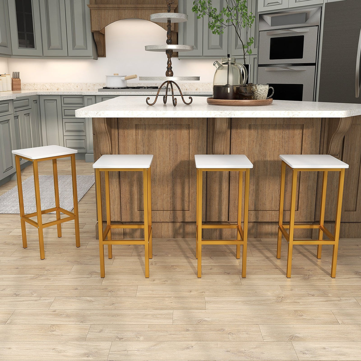 Set of 4 Bar Stool Set 26 Inch Bar Chair with Metal Legs and Footrest-White view 3