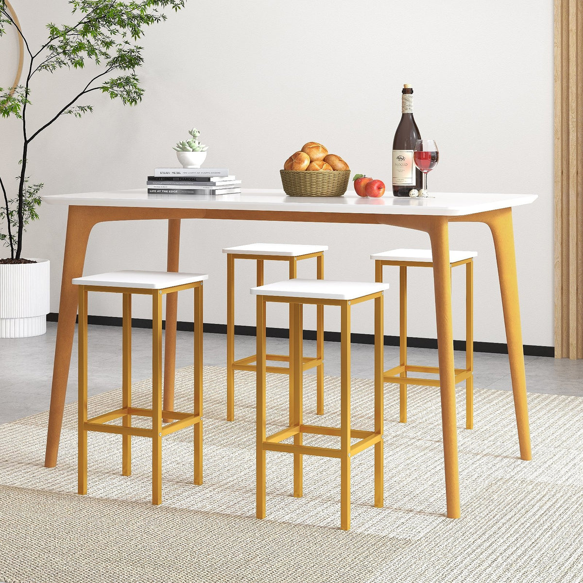 Set of 4 Bar Stool Set 26 Inch Bar Chair with Metal Legs and Footrest-White view 7