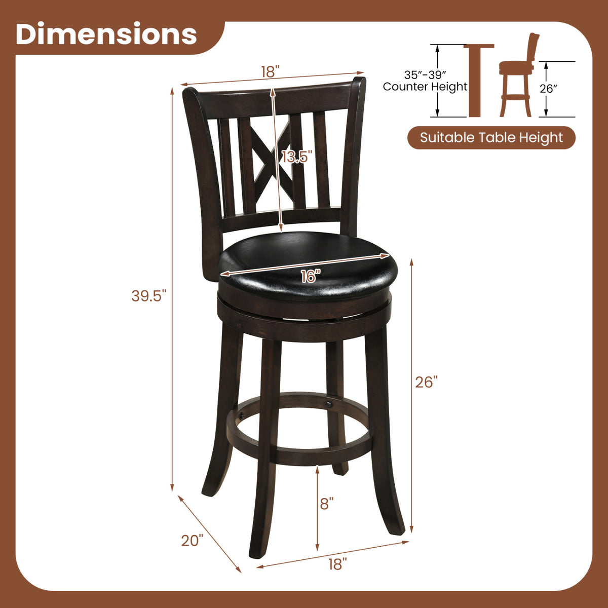 Set of 4 Bar Stools Swivel Bar Chairs with Hollowed Backrest and Footrest-26 inches view 4