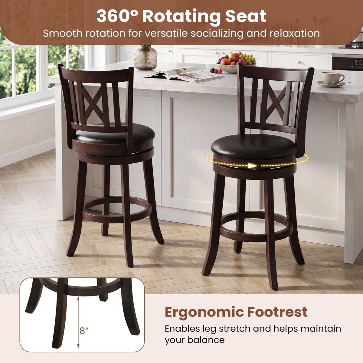 Set of 4 Bar Stools Swivel Bar Chairs with Hollowed Backrest and Footrest-26 inches view 7