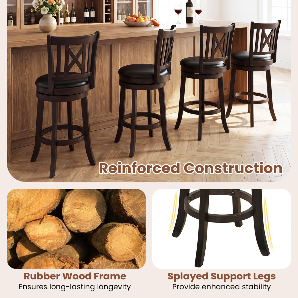 Set of 4 Bar Stools Swivel Bar Chairs with Hollowed Backrest and Footrest-26 inches view 8