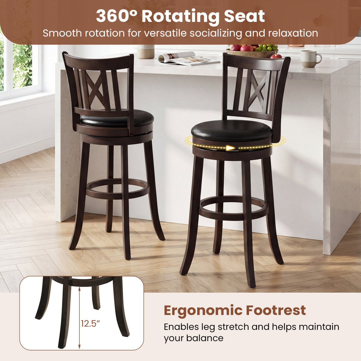 Set of 4 Bar Stools Swivel Bar Chairs with Hollowed Backrest and Footrest-30 inches view 6