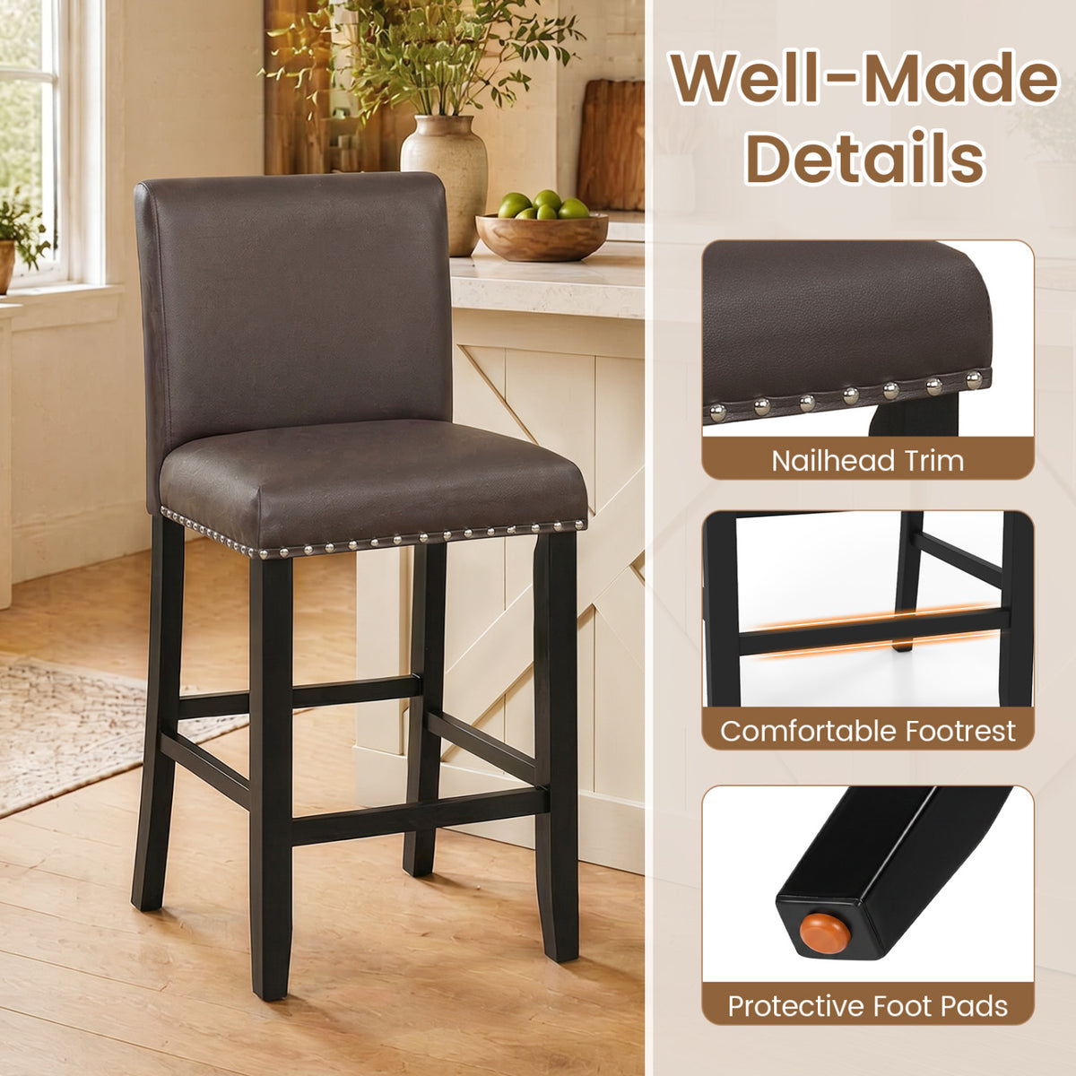 Set of 4 Bar Stools with Back for Kitchen Island-Brown view 4