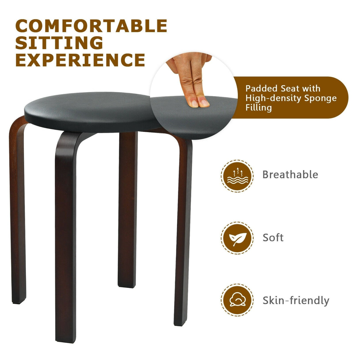 Set of 4 Bentwood Round Stool Stackable Dining Chairs with Padded Seat-Black view 7
