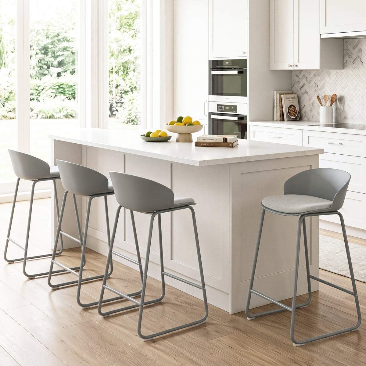 Set of 4 Counter Height Bar Stools with Curved Backrest and Metal Frame for Kitchen Dining-Gray view 2