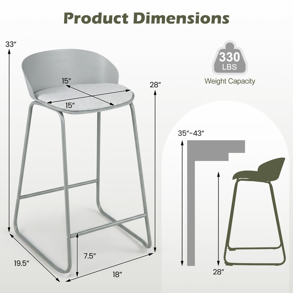Set of 4 Counter Height Bar Stools with Curved Backrest and Metal Frame for Kitchen Dining-Gray view 3