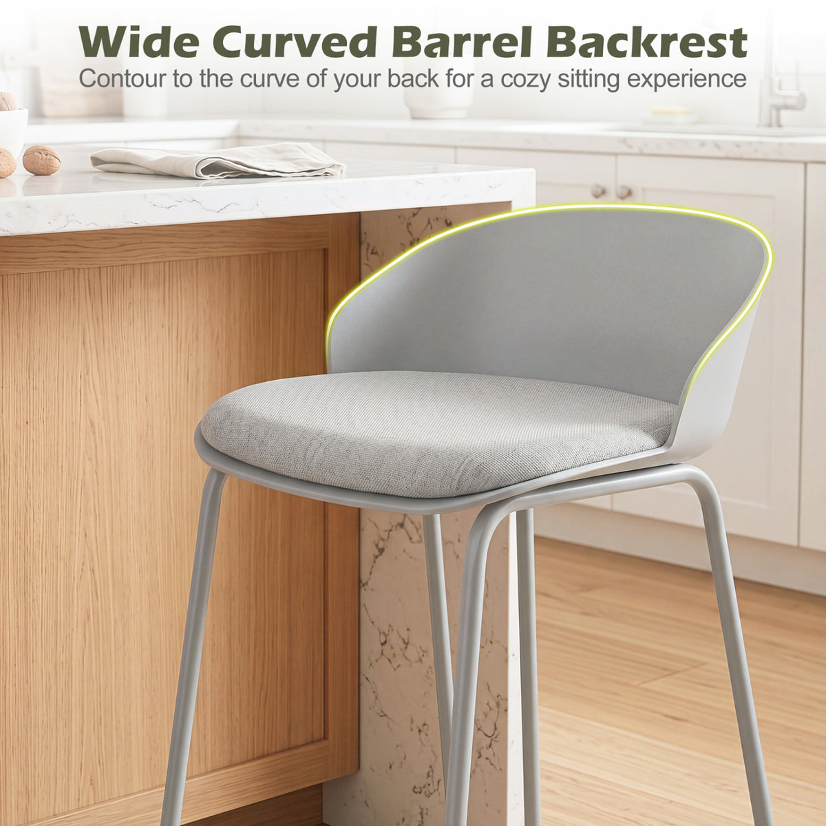 Set of 4 Counter Height Bar Stools with Curved Backrest and Metal Frame for Kitchen Dining-Gray view 4
