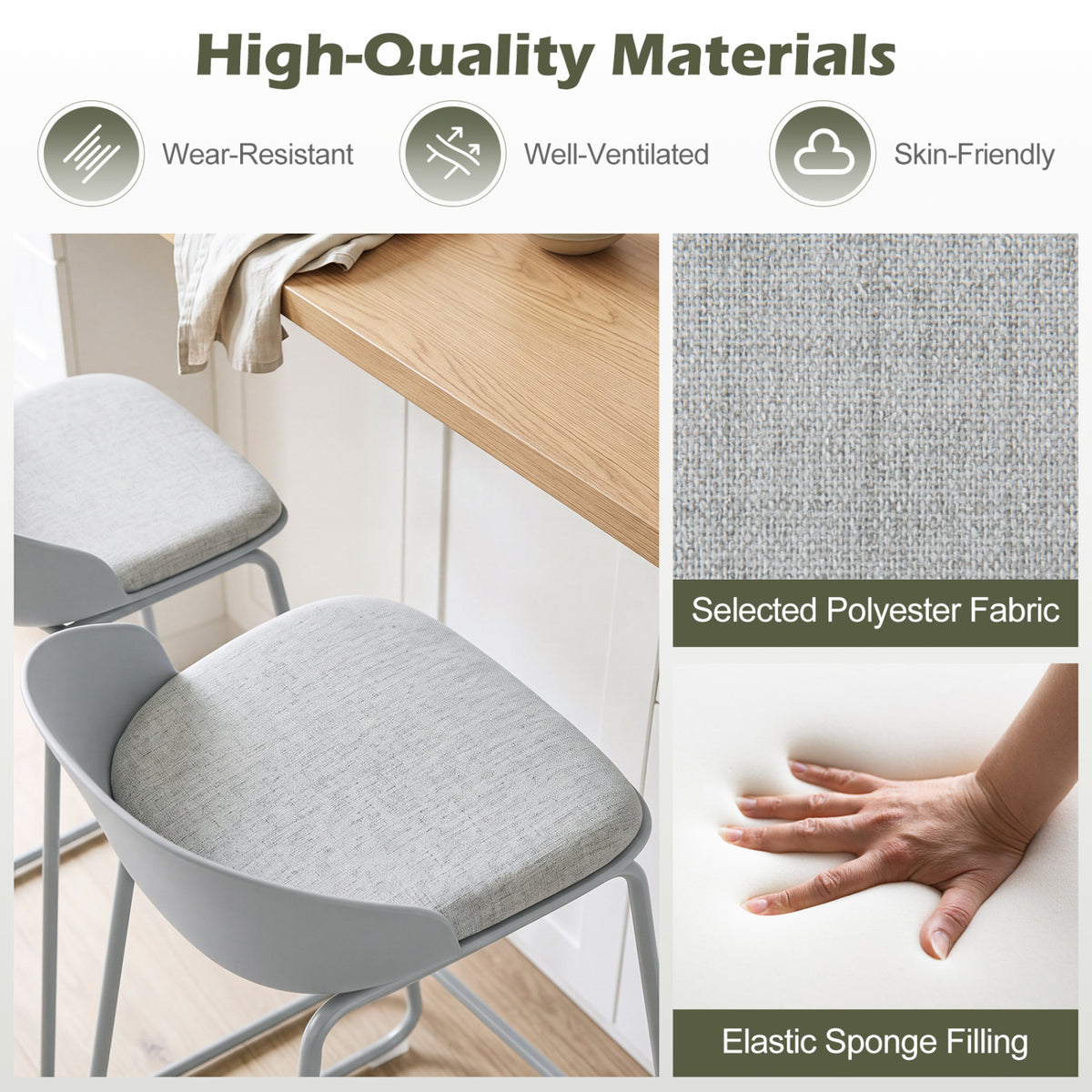 Set of 4 Counter Height Bar Stools with Curved Backrest and Metal Frame for Kitchen Dining-Gray view 5