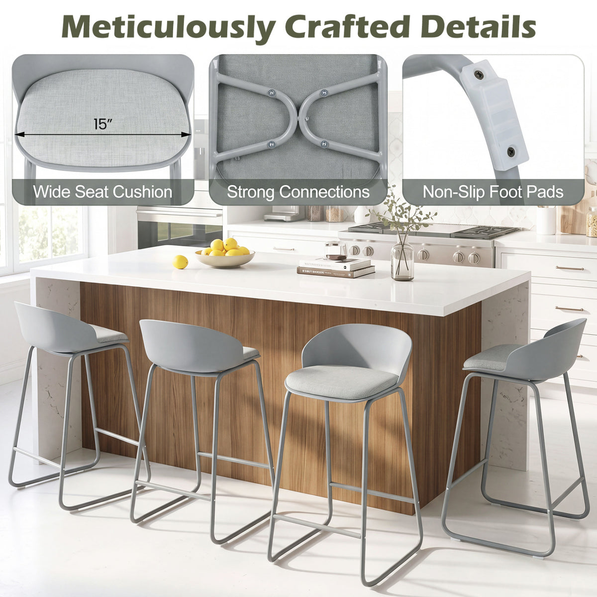 Set of 4 Counter Height Bar Stools with Curved Backrest and Metal Frame for Kitchen Dining-Gray view 8