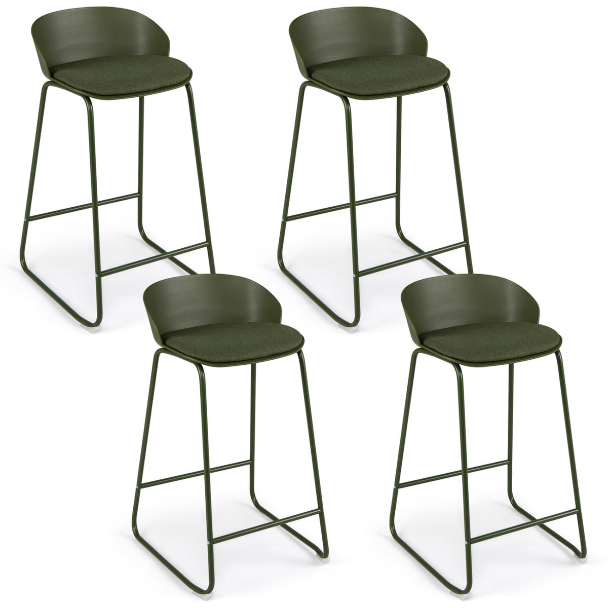 Set of 4 Counter Height Bar Stools with Curved Backrest and Metal Frame for Kitchen Dining-Green