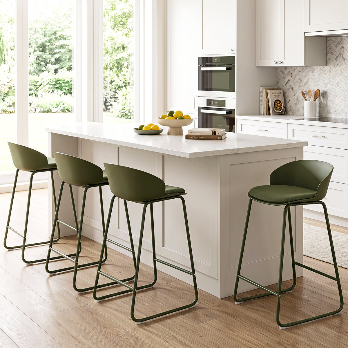 Set of 4 Counter Height Bar Stools with Curved Backrest and Metal Frame for Kitchen Dining-Green view 2