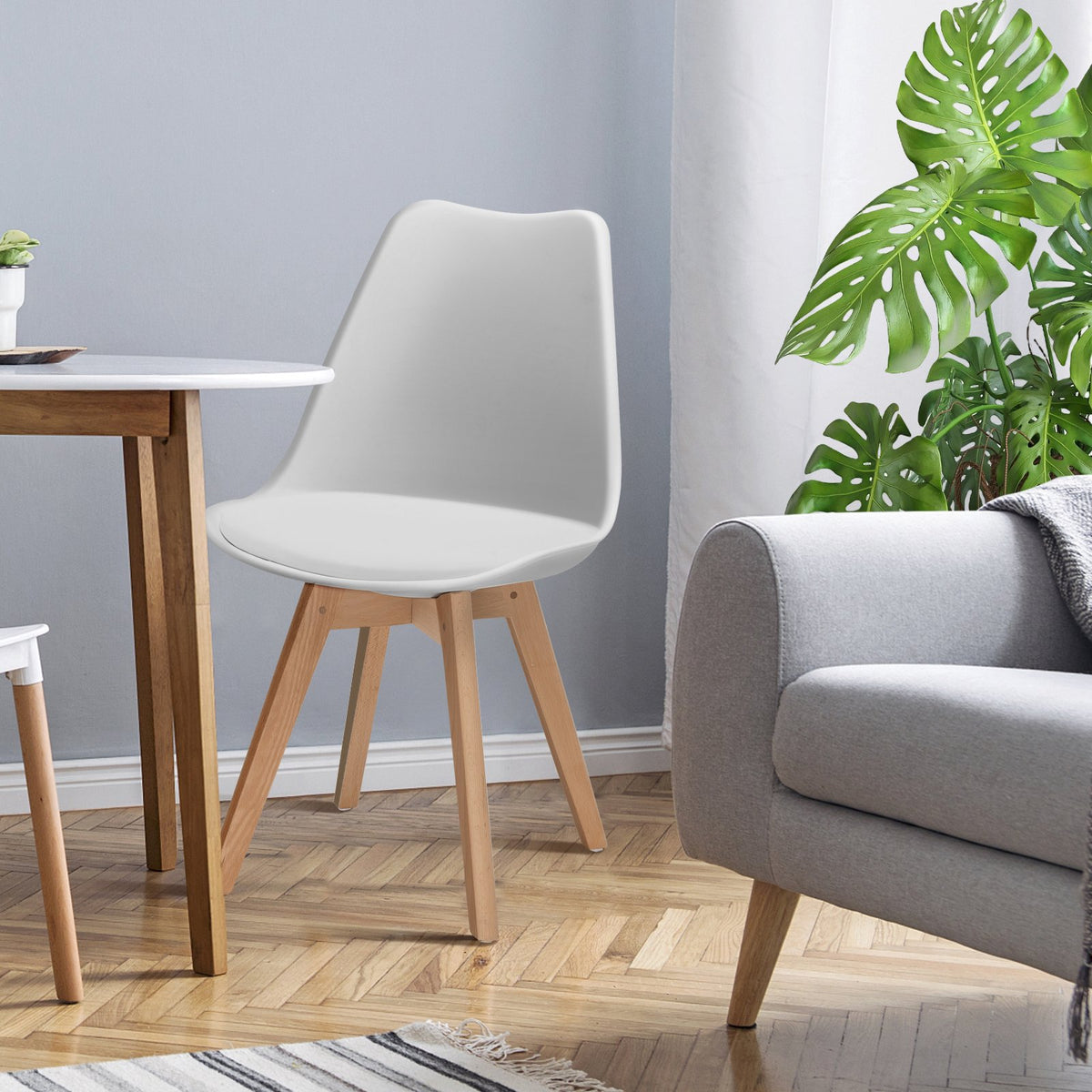 Set of 4 Dining Chairs Mid-Century Modern Shell PU Seat with Wooden Legs-White view 2