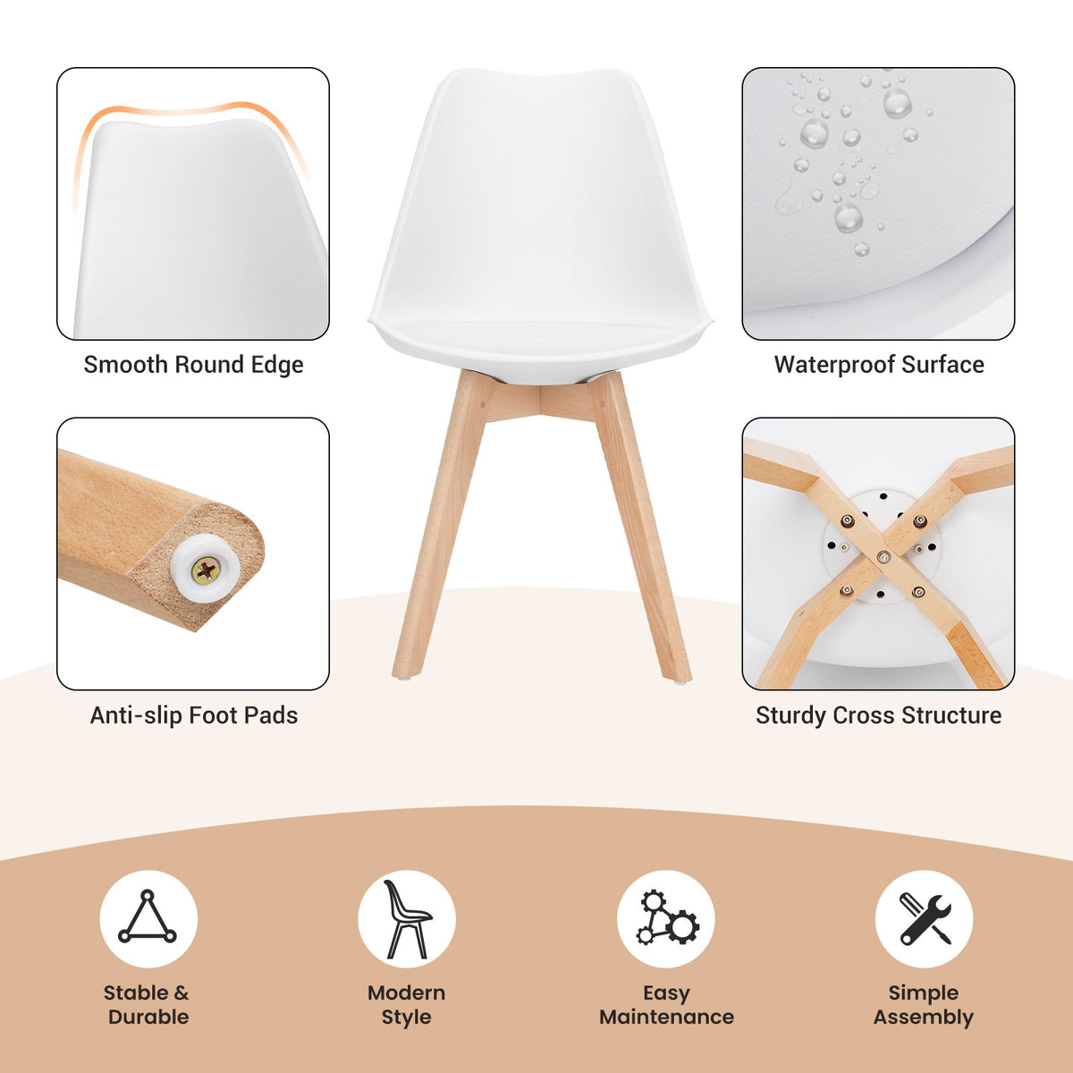 Set of 4 Dining Chairs Mid-Century Modern Shell PU Seat with Wooden Legs-White view 5